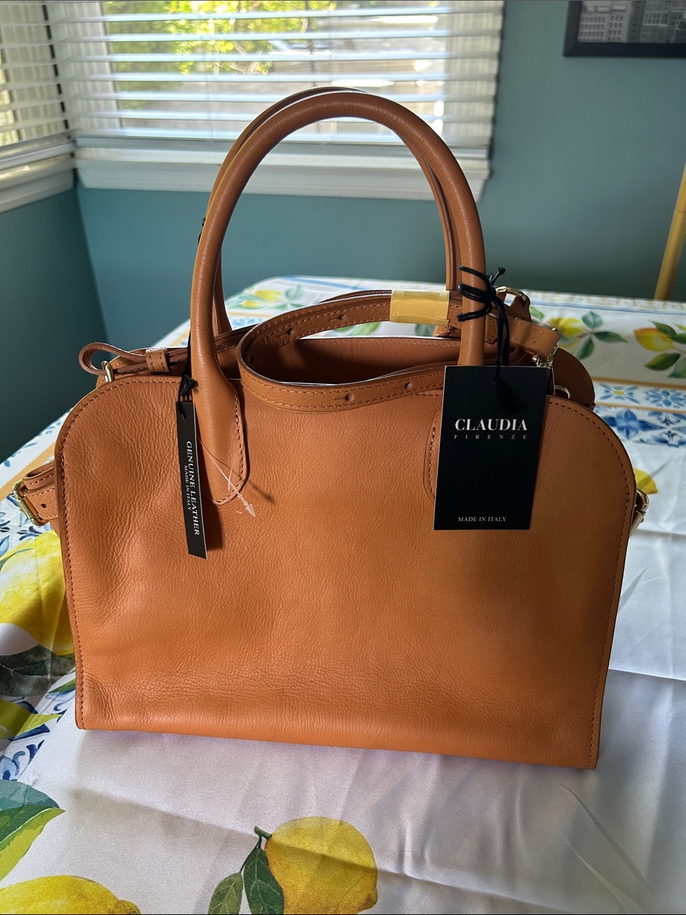 Claudia Firenze Tan Italian Leather Satchel with handles and Crossbody strap